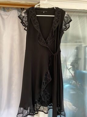 Tiana B. Black Lace-Trim Wrap Midi Dress